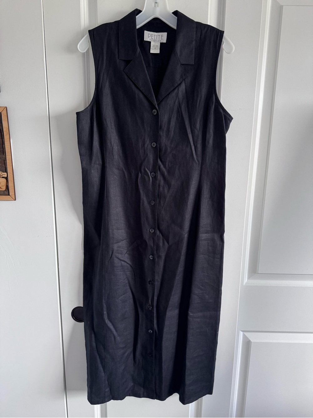 Petite Sophisticate 100% linen dress- a button-up front & a collared neckline